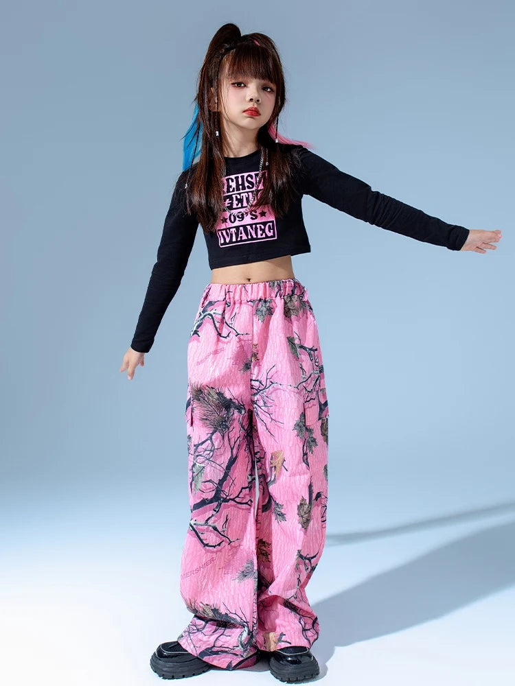 Kids Modern Hip Hop Dance Costumes For Girls Black Crop Tops Loose Pants Suit Children Jazz Dance Performance Clothes DQS15809