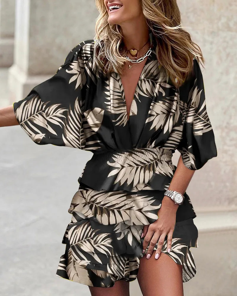 Women Fall V-Neck Loose Batwing Hafl Sleeve Print Dress Fashion Elegant Lace-up Ruffle Beach Mini Dresses Casual Streetwear 2024