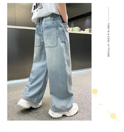 Kids Stylish Loose Straight Summer Patchwork Jeans for Tweens Boy Relaxed Fit Denim Pants Child Light Blue Washed Jeans Trousers