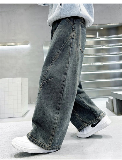Elegant Children Vintage Blue Baggy Curved Jeans for Teenage Boy Fashion Casual Wide Leg Denim Pants Kids Loose Jeans Trousers