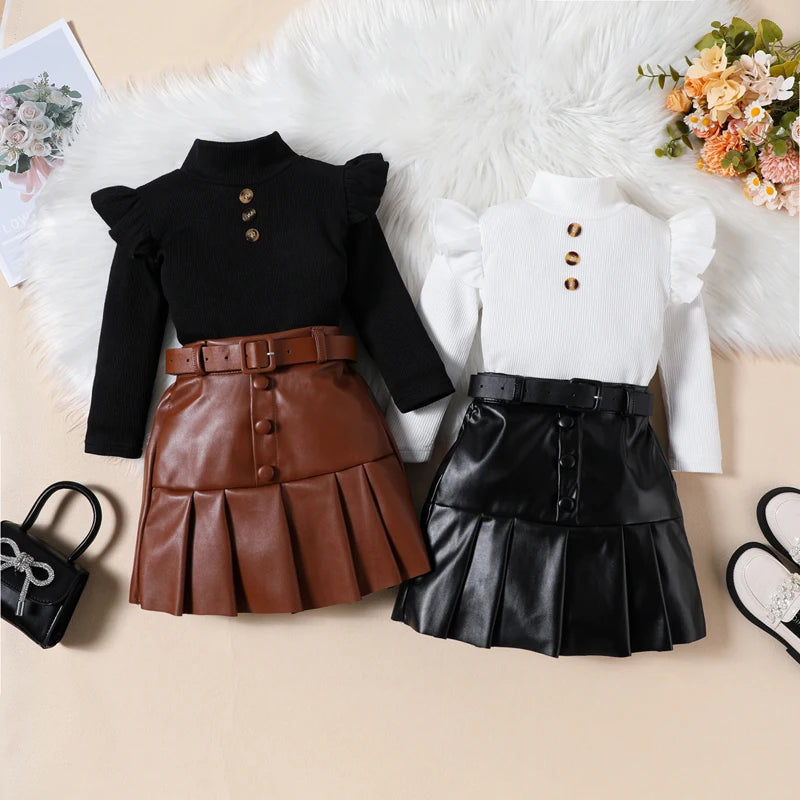 Pudcoco Toddler Girl 2 Piece Outfit Ruffles Long Sleeve Tops and Leather Pleated Skirt Set for Baby Fall Cute Clothes 18M-6T