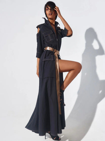 Summer Dress for Women 2024 Retro Turn-down Collar Cold Shoulder Half Sleeve Zipper Belt Pockets Split High Waist Maxi Dresses