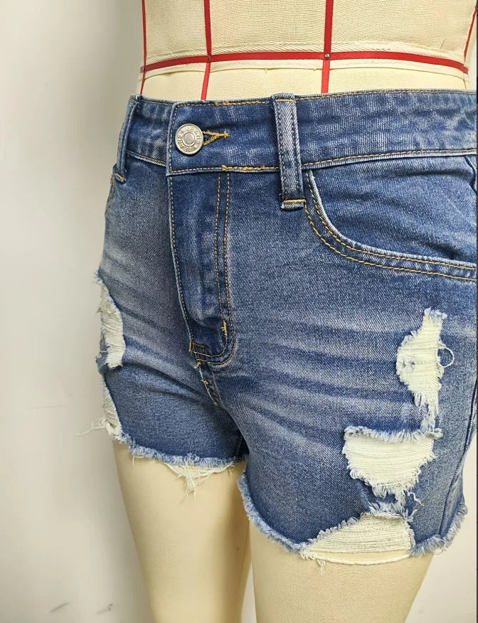 Ripped Raw Denim Shorts For Women Fashion A-line Hem Female Summer Hot Pants Streetwear Blue Clothing Skinny Sexy Retro Leisure