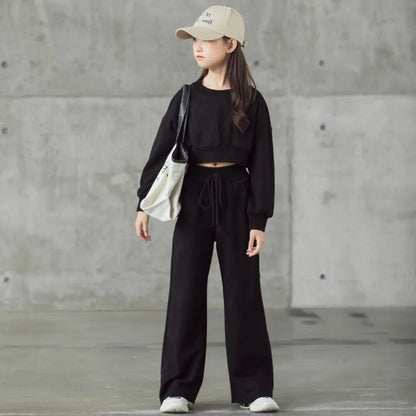 Girls Solid Colour Sets Children's Long-Sleeved Short Sweater Trousers 2Pcs Spring Autumn New Kids Fashion Casual Suit 4-12Y