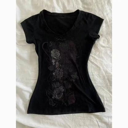Vintage Clothes Women Print Sexy Punk Streetwear Slim Femme Tees Shirt Gothic Casual Grunge T Shirts 2000s Emo Y2k Crop Top