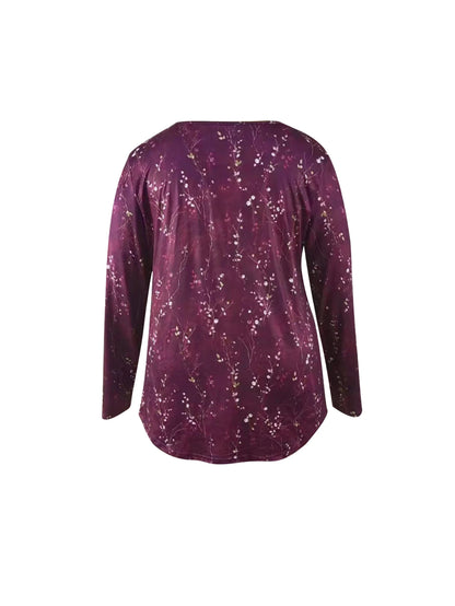 Plus Size Women's Spring and Autumn Long Sleeve Random Plant Print Button T-Shirt