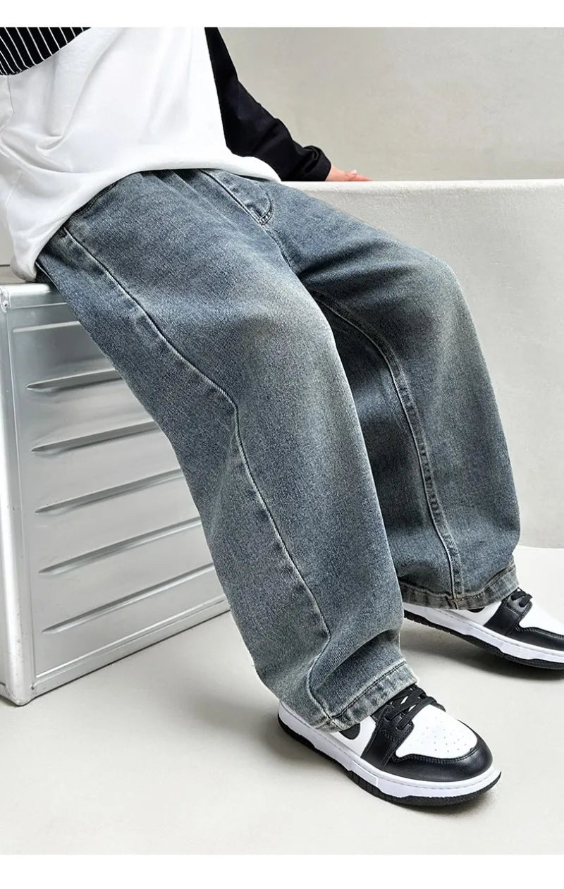 4-12Y Boys Jeans 2025 New Wide Straight Leg Denim Pant Children's Spring Clothing Big Children's Handsome Cotton Sports Pants
