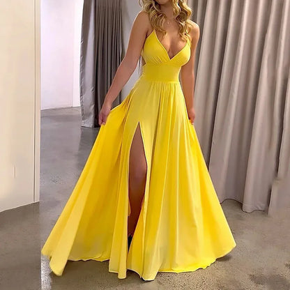 Women Sexy Spaghetti Strap V Neck Dresses Hollow Out Sleeveless Side Split Evening Dress Elegant Solid High Waist Pleat Vestidos