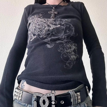 Y2K Grunge Cyber Mall Goth Thermal T-shirt Skulls Graphic Print Long Sleeve Pullovers Tops Women 90s Vintage Aesthetic Tees