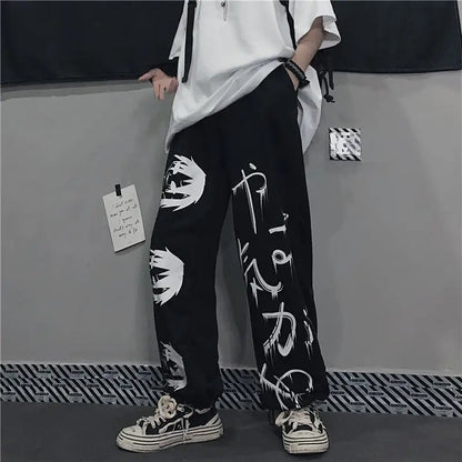 Black Japenese Printed Anime Y2k Sweatpants Male Streetwear Wide Leg Oversize Baggy Pants Casual Sport Causl Trousers Men 2023