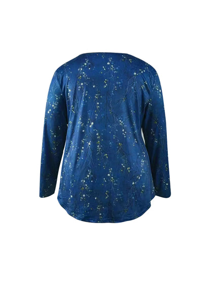Plus Size Women's Spring and Autumn Long Sleeve Random Plant Print Button T-Shirt