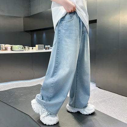 Kids Stylish Loose Straight Summer Patchwork Jeans for Tweens Boy Relaxed Fit Denim Pants Child Light Blue Washed Jeans Trousers