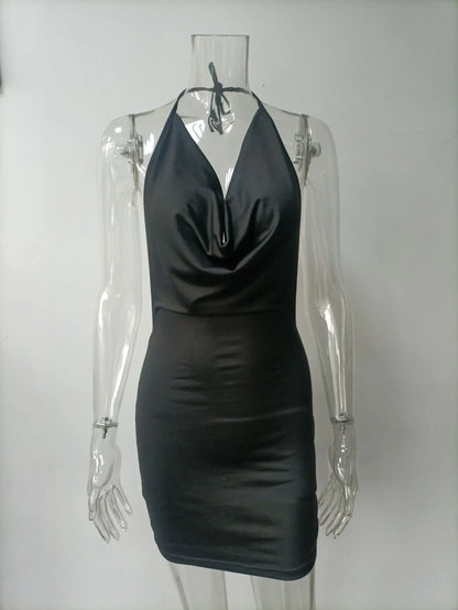 Sexy Mini Dress Lace Up Strap Pure Silod Party Club Elegant Y2K Hang Neck Hollow Backless Straples V Neck Elegant Evening Dresse