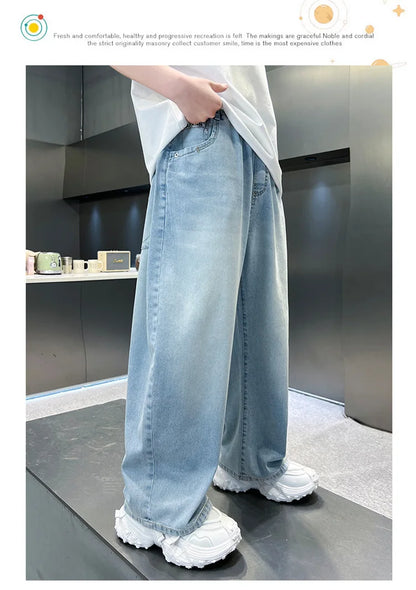 Kids Stylish Loose Straight Summer Patchwork Jeans for Tweens Boy Relaxed Fit Denim Pants Child Light Blue Washed Jeans Trousers
