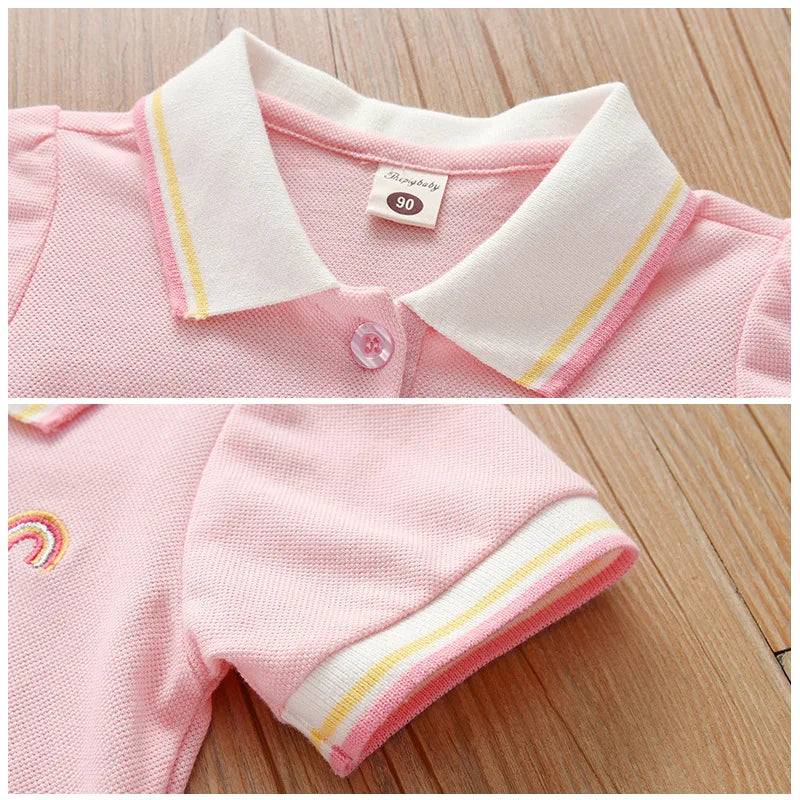 New Kids Girls Pink Dress Summer Short Sleeve Shirts Dresses for Baby Girls Rainbow Print Pleated Dress Children's Clothes 2-10Y