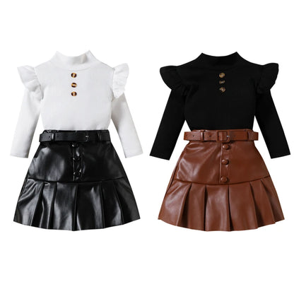 Pudcoco Toddler Girl 2 Piece Outfit Ruffles Long Sleeve Tops and Leather Pleated Skirt Set for Baby Fall Cute Clothes 18M-6T
