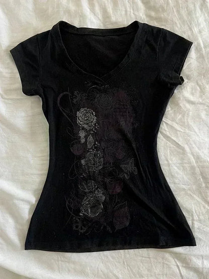Vintage Clothes Women Print Sexy Punk Streetwear Slim Femme Tees Shirt Gothic Casual Grunge T Shirts 2000s Emo Y2k Crop Top