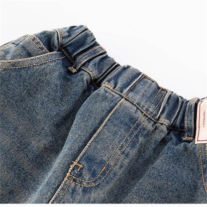 Elegant Children Vintage Blue Baggy Curved Jeans for Teenage Boy Fashion Casual Wide Leg Denim Pants Kids Loose Jeans Trousers