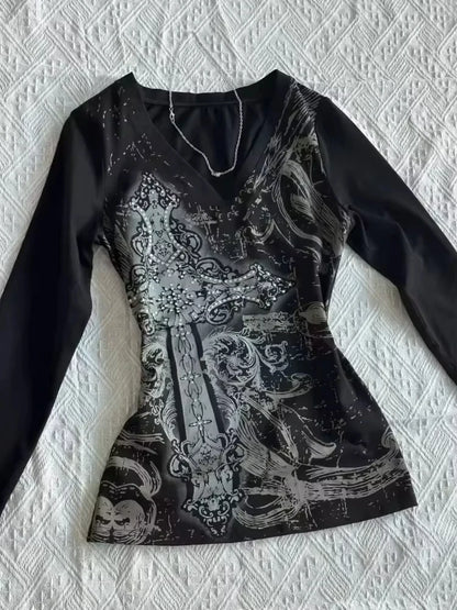 Vintage Clothes Women Print Sexy Punk Streetwear Slim Femme Tees Shirt Gothic Casual Grunge T Shirts 2000s Emo Y2k Crop Top