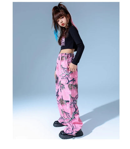 Kids Modern Hip Hop Dance Costumes For Girls Black Crop Tops Loose Pants Suit Children Jazz Dance Performance Clothes DQS15809