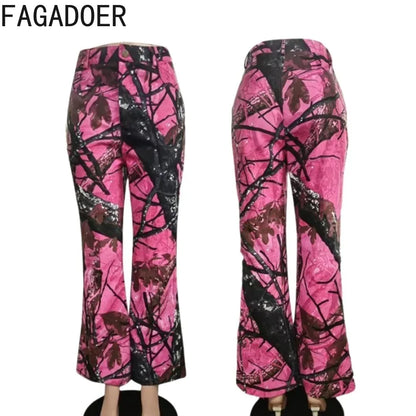 FAGADOER Pink Camouflage Print Pants Women Y2K Streetwear Button Pocket patchwork Straight Pants Hot girl Bottoms 2025
