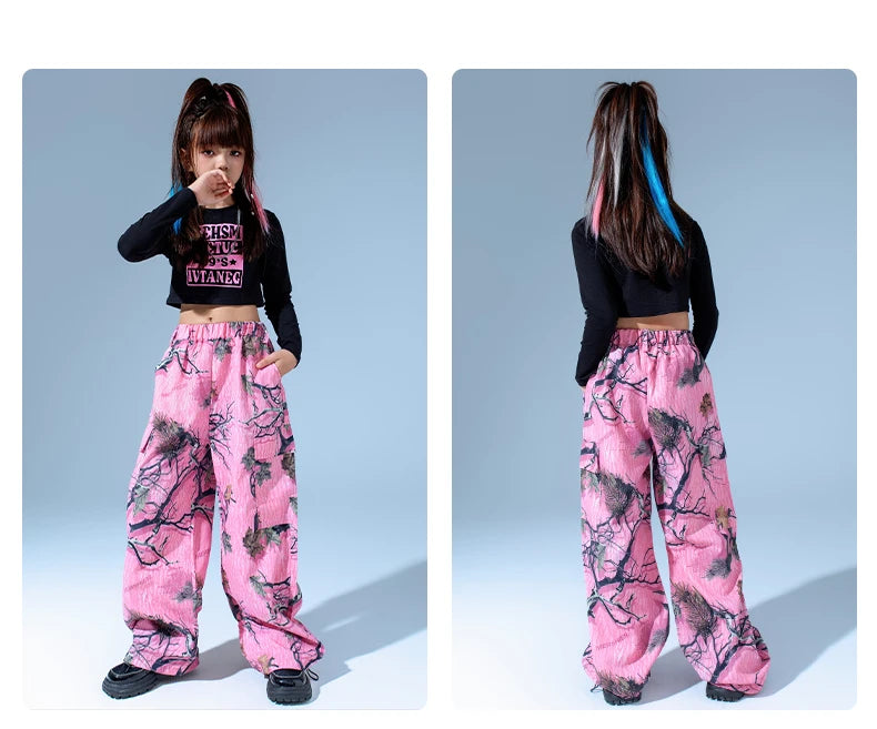 Kids Modern Hip Hop Dance Costumes For Girls Black Crop Tops Loose Pants Suit Children Jazz Dance Performance Clothes DQS15809