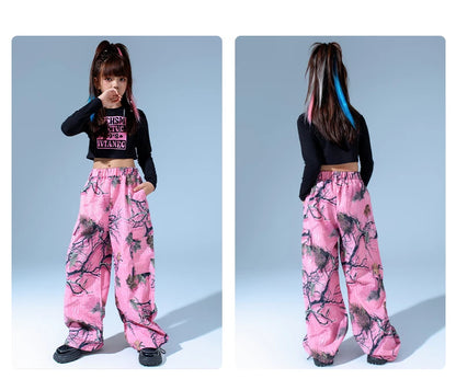 Kids Modern Hip Hop Dance Costumes For Girls Black Crop Tops Loose Pants Suit Children Jazz Dance Performance Clothes DQS15809