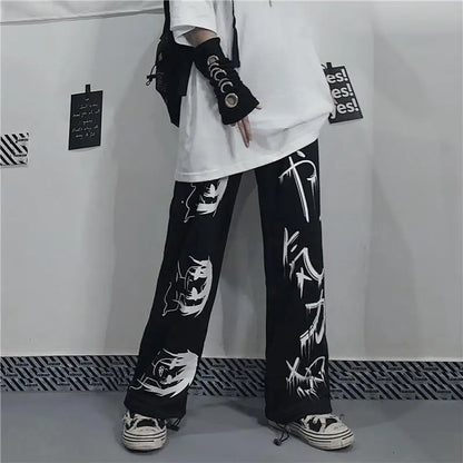 Black Japenese Printed Anime Y2k Sweatpants Male Streetwear Wide Leg Oversize Baggy Pants Casual Sport Causl Trousers Men 2023