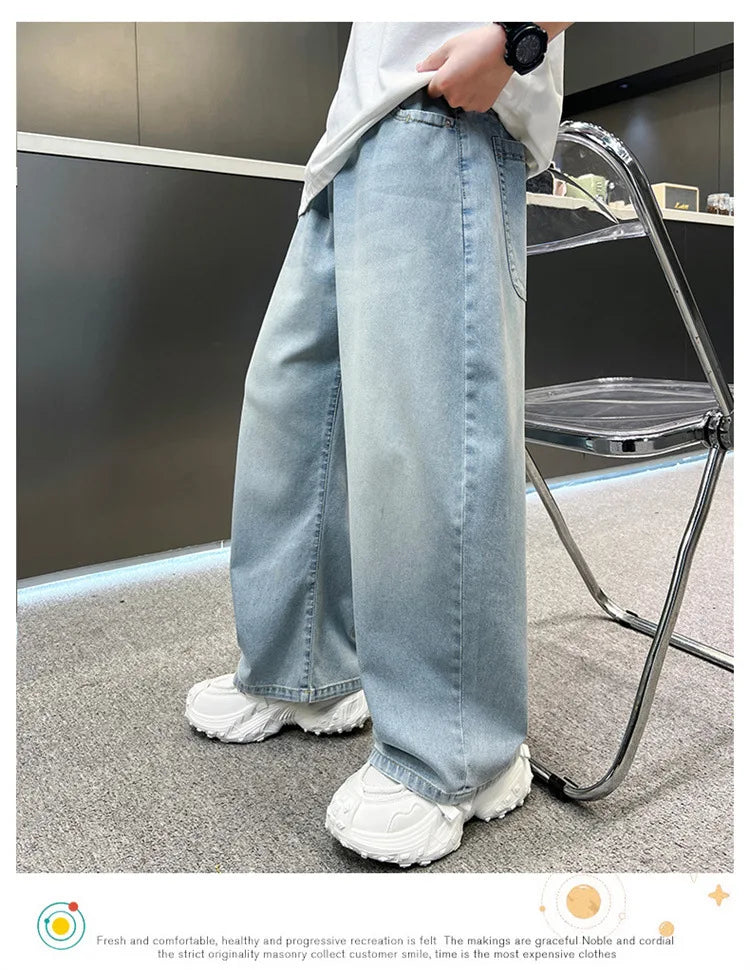 Kids Stylish Loose Straight Summer Patchwork Jeans for Tweens Boy Relaxed Fit Denim Pants Child Light Blue Washed Jeans Trousers