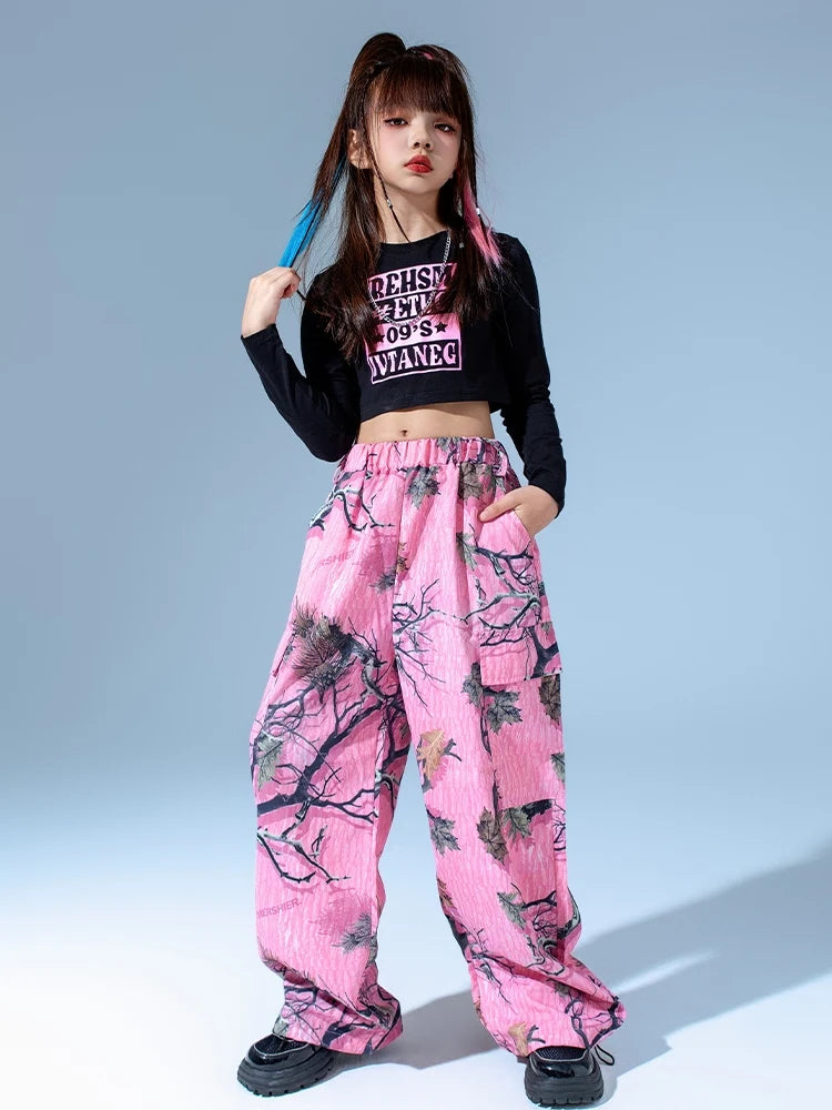 Kids Modern Hip Hop Dance Costumes For Girls Black Crop Tops Loose Pants Suit Children Jazz Dance Performance Clothes DQS15809