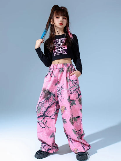 Kids Modern Hip Hop Dance Costumes For Girls Black Crop Tops Loose Pants Suit Children Jazz Dance Performance Clothes DQS15809