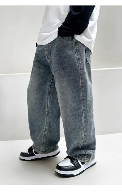 4-12Y Boys Jeans 2025 New Wide Straight Leg Denim Pant Children's Spring Clothing Big Children's Handsome Cotton Sports Pants