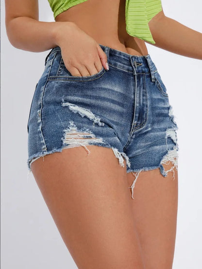 Ripped Raw Denim Shorts For Women Fashion A-line Hem Female Summer Hot Pants Streetwear Blue Clothing Skinny Sexy Retro Leisure