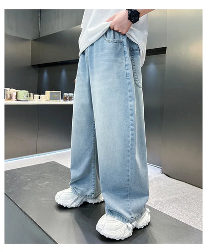 Kids Stylish Loose Straight Summer Patchwork Jeans for Tweens Boy Relaxed Fit Denim Pants Child Light Blue Washed Jeans Trousers