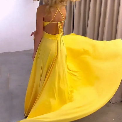 Women Sexy Spaghetti Strap V Neck Dresses Hollow Out Sleeveless Side Split Evening Dress Elegant Solid High Waist Pleat Vestidos