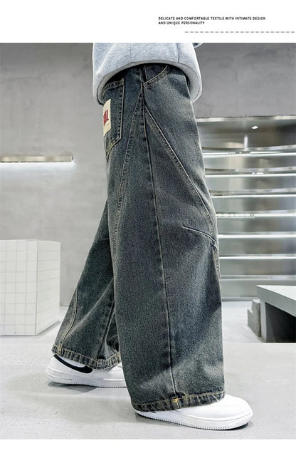 Elegant Children Vintage Blue Baggy Curved Jeans for Teenage Boy Fashion Casual Wide Leg Denim Pants Kids Loose Jeans Trousers