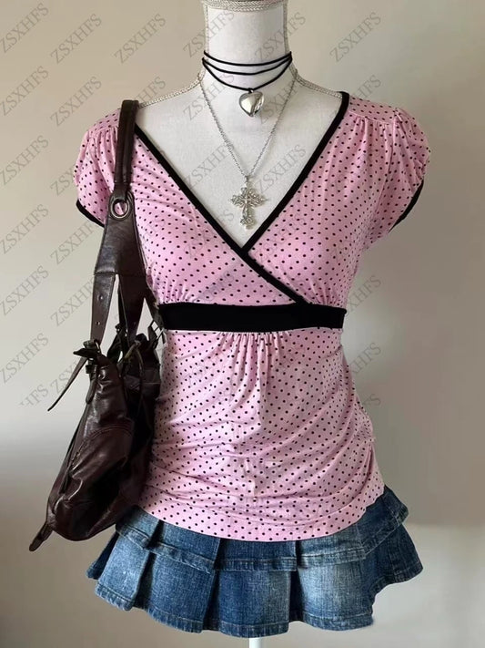 Harajuku Women T shirts Clothes Pink Vintage 2000S Casual Polka Dot Femme Tee Kawaii Sweet T shirt Cute Girl Crop Tops Y2k Top
