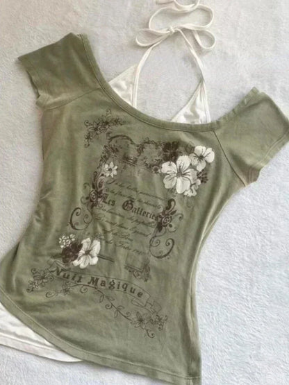 Vintage Clothes Women Print Sexy Punk Streetwear Slim Femme Tees Shirt Gothic Casual Grunge T Shirts 2000s Emo Y2k Crop Top