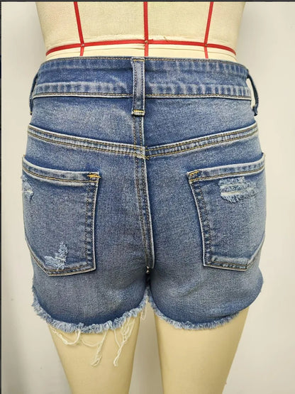 Ripped Raw Denim Shorts For Women Fashion A-line Hem Female Summer Hot Pants Streetwear Blue Clothing Skinny Sexy Retro Leisure