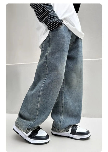 4-12Y Boys Jeans 2025 New Wide Straight Leg Denim Pant Children's Spring Clothing Big Children's Handsome Cotton Sports Pants