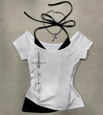 Gothic Grunge Punk Printing Women's Long Sleeve Tee Casual Slim Fit Sexy Chic Emo Girls Crop Top Y2K Harajuku Vintage Streetwear