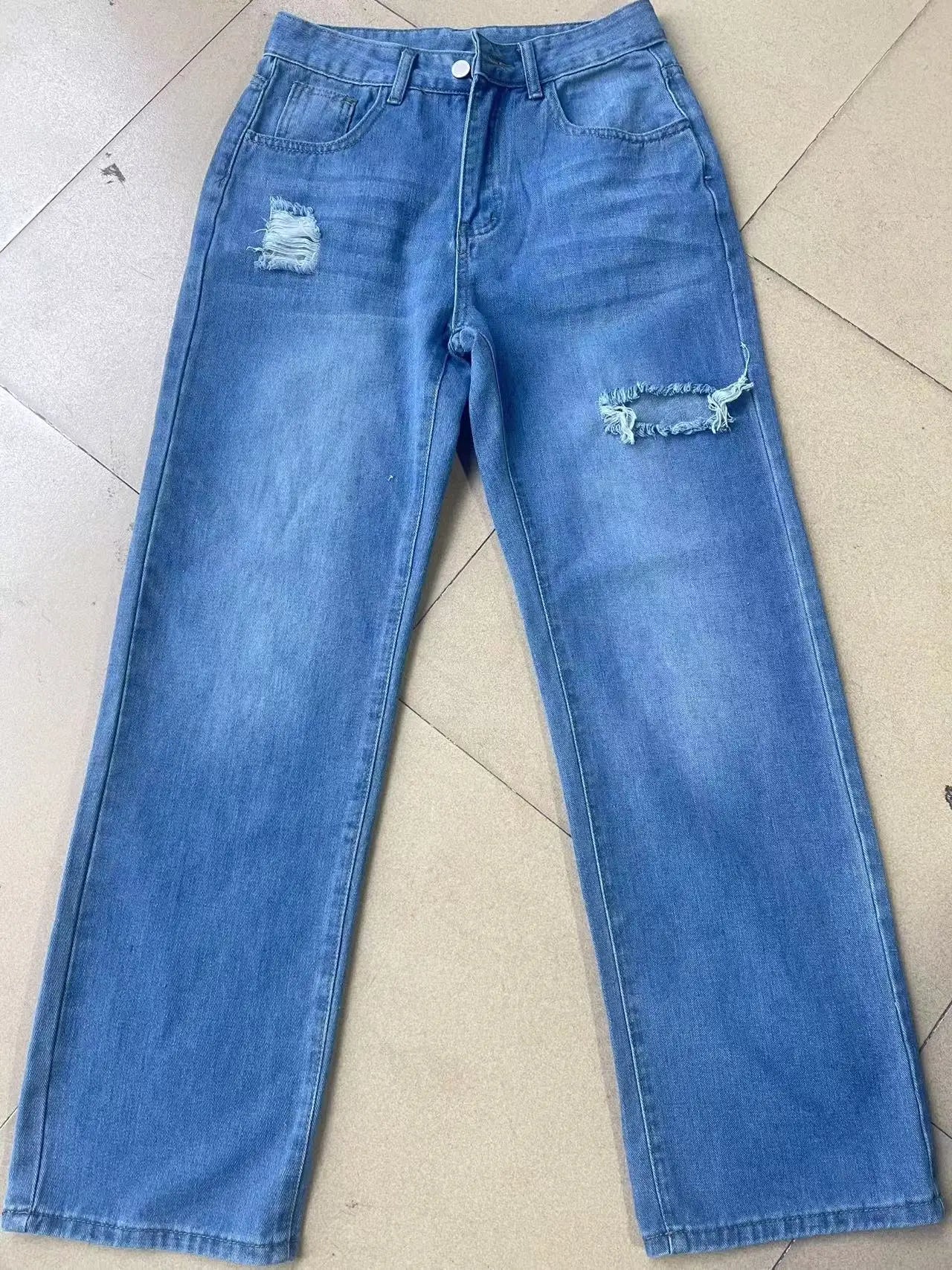 Mom Jeans Women Denim Pant Wide Leg Long Pants Hole High Waist Straight Trousers Y2k Streetwear Work Splice Casual 2025 Punk