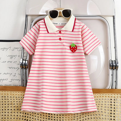 2025 New Children's Dress Girls' Summer Korean Edition Striped Strawberry lapel Casual Dress 1-10 Years Old