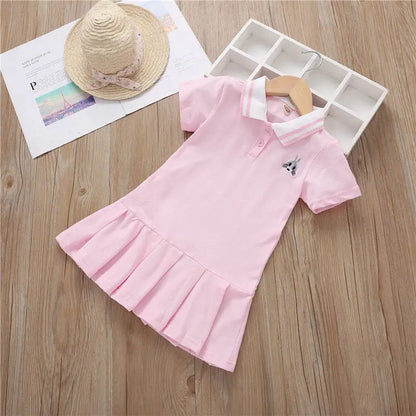 Summer Dress for Kids Cute Solid Color Girls Dresses Short Sleeve Cotton Soft Children Clothes Toddler Student Uniform Dress