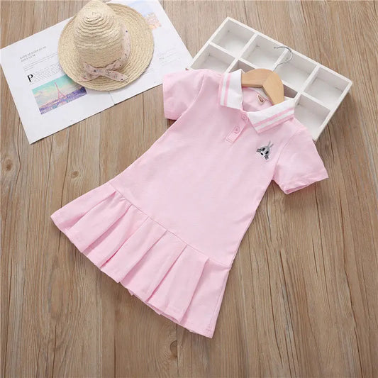 Summer Dress for Kids Cute Solid Color Girls Dresses Short Sleeve Cotton Soft Children Clothes Toddler Student Uniform Dress