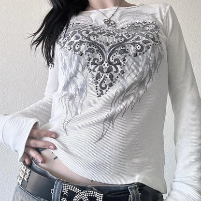 Y2K Grunge Cyber Mall Goth Thermal T-shirt Skulls Graphic Print Long Sleeve Pullovers Tops Women 90s Vintage Aesthetic Tees