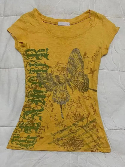Y2k Aesthetic Flower Printing Women Grunge T-shirts Vintage Slim Harajuku Causal Black Tshirts 2025 Summer Bottoming Crop Tops
