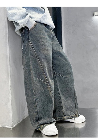Elegant Children Vintage Blue Baggy Curved Jeans for Teenage Boy Fashion Casual Wide Leg Denim Pants Kids Loose Jeans Trousers