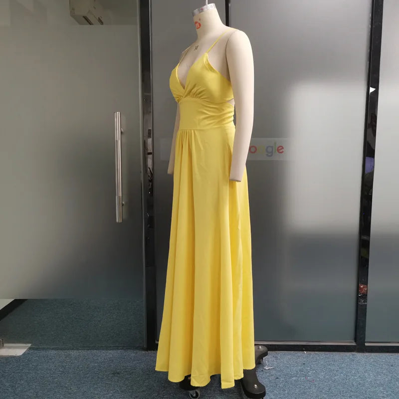 Women Sexy Spaghetti Strap V Neck Dresses Hollow Out Sleeveless Side Split Evening Dress Elegant Solid High Waist Pleat Vestidos