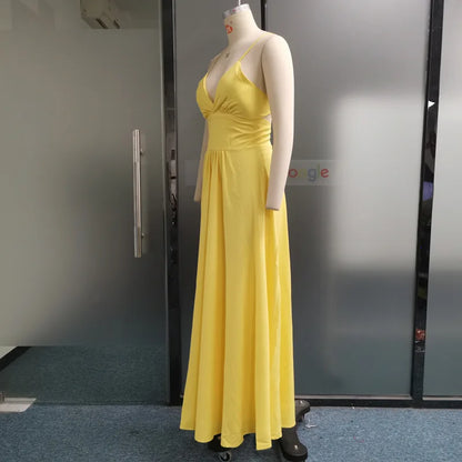 Women Sexy Spaghetti Strap V Neck Dresses Hollow Out Sleeveless Side Split Evening Dress Elegant Solid High Waist Pleat Vestidos